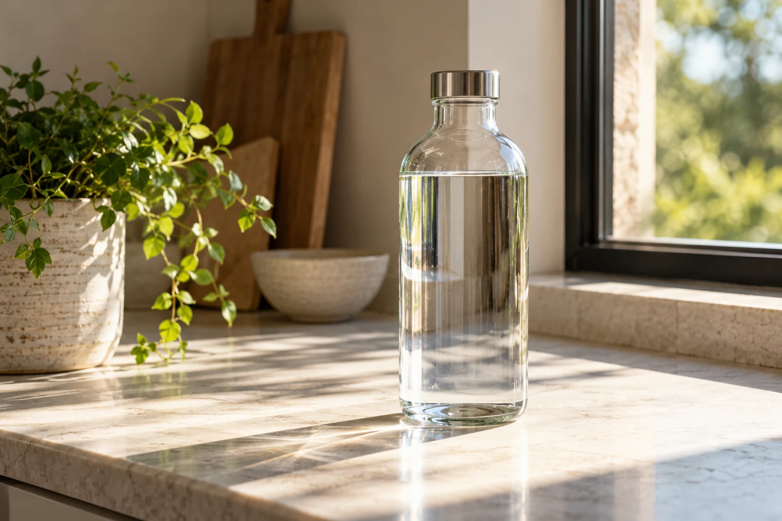 Clear glass water bottle beside a sunlit window