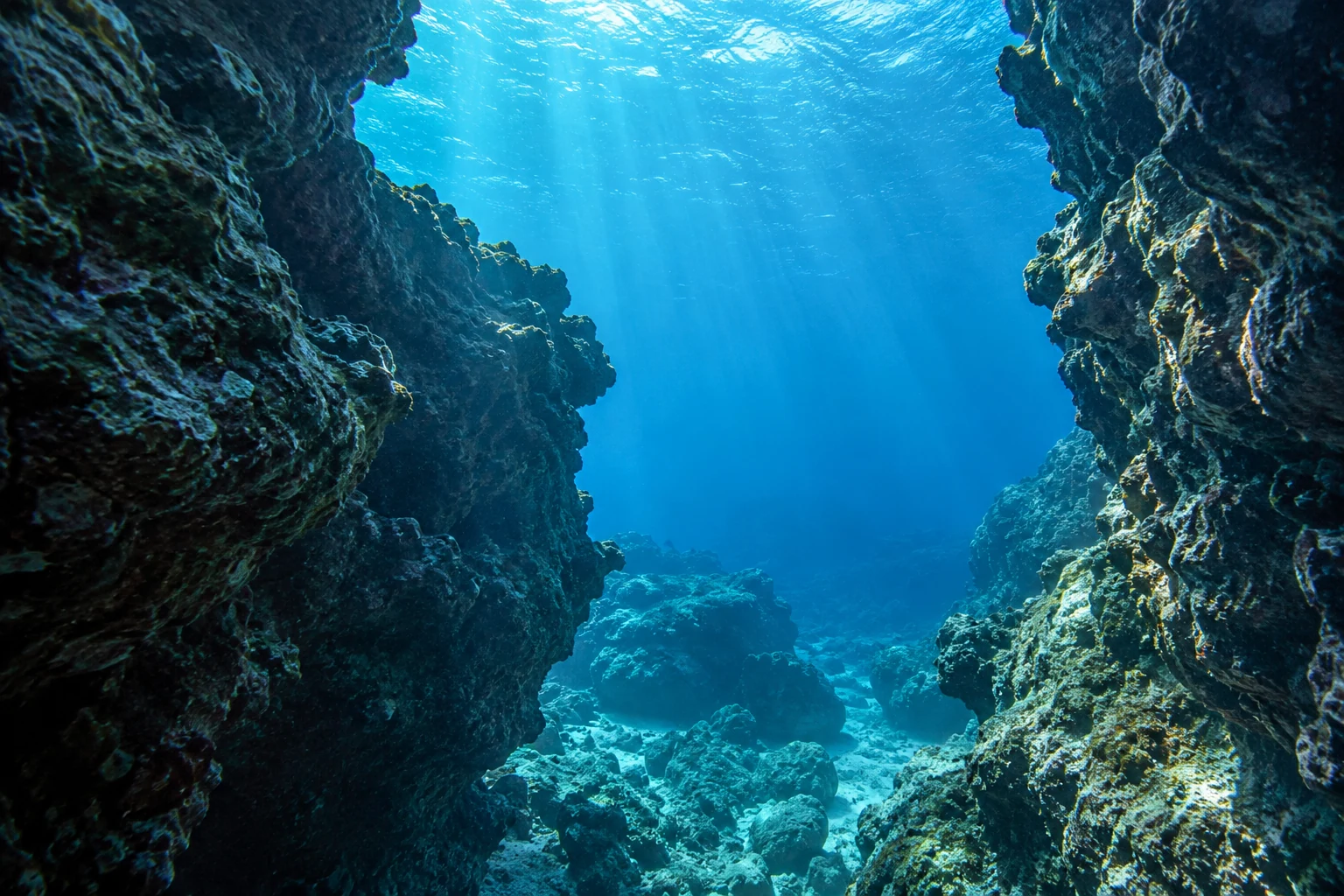Sunlight filtering into a rocky underwater seascape