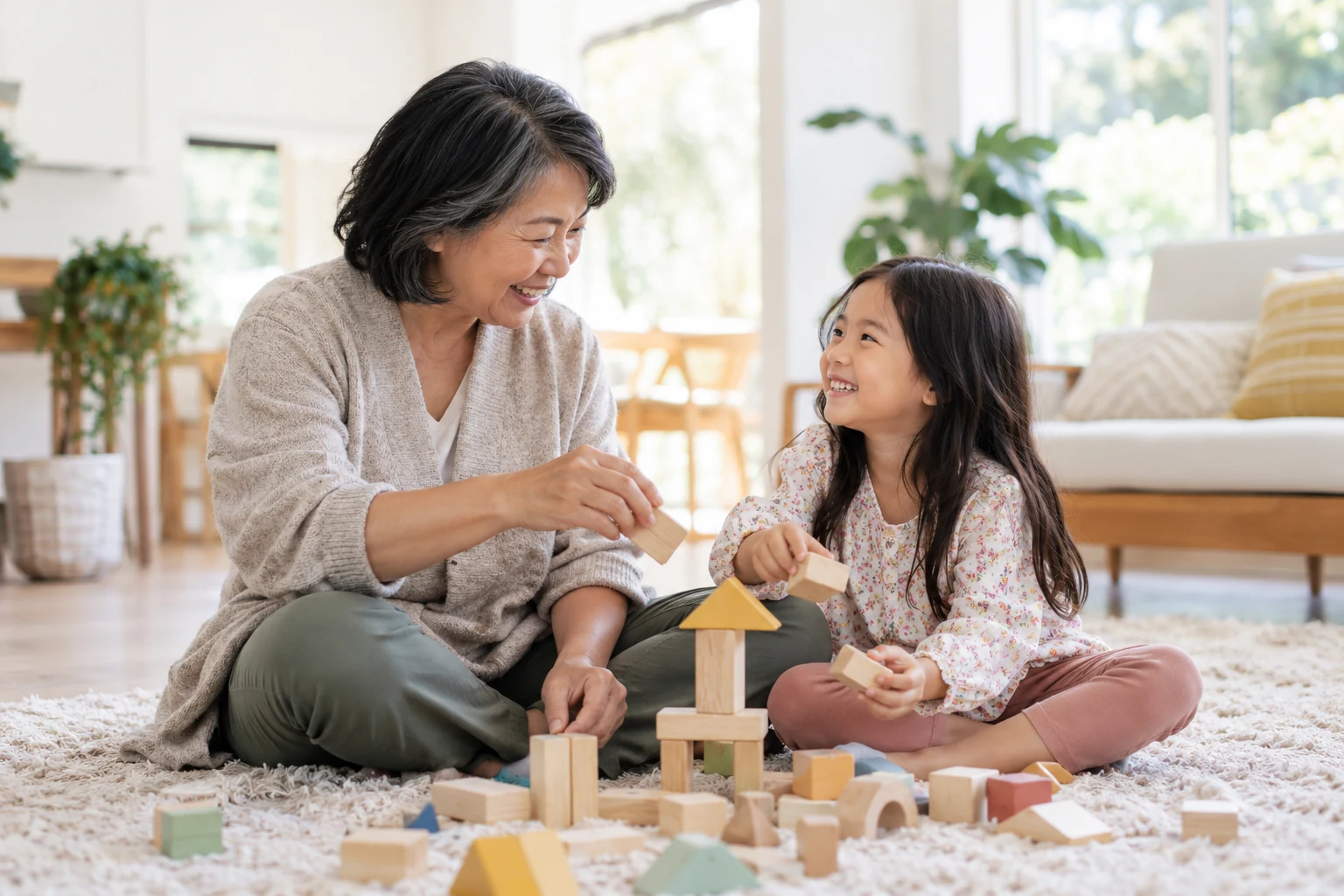 Asian grandmother and granddaughter playing together at home
