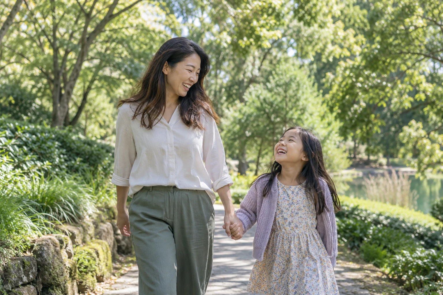 Asian mother and daughter enjoying time together in a park