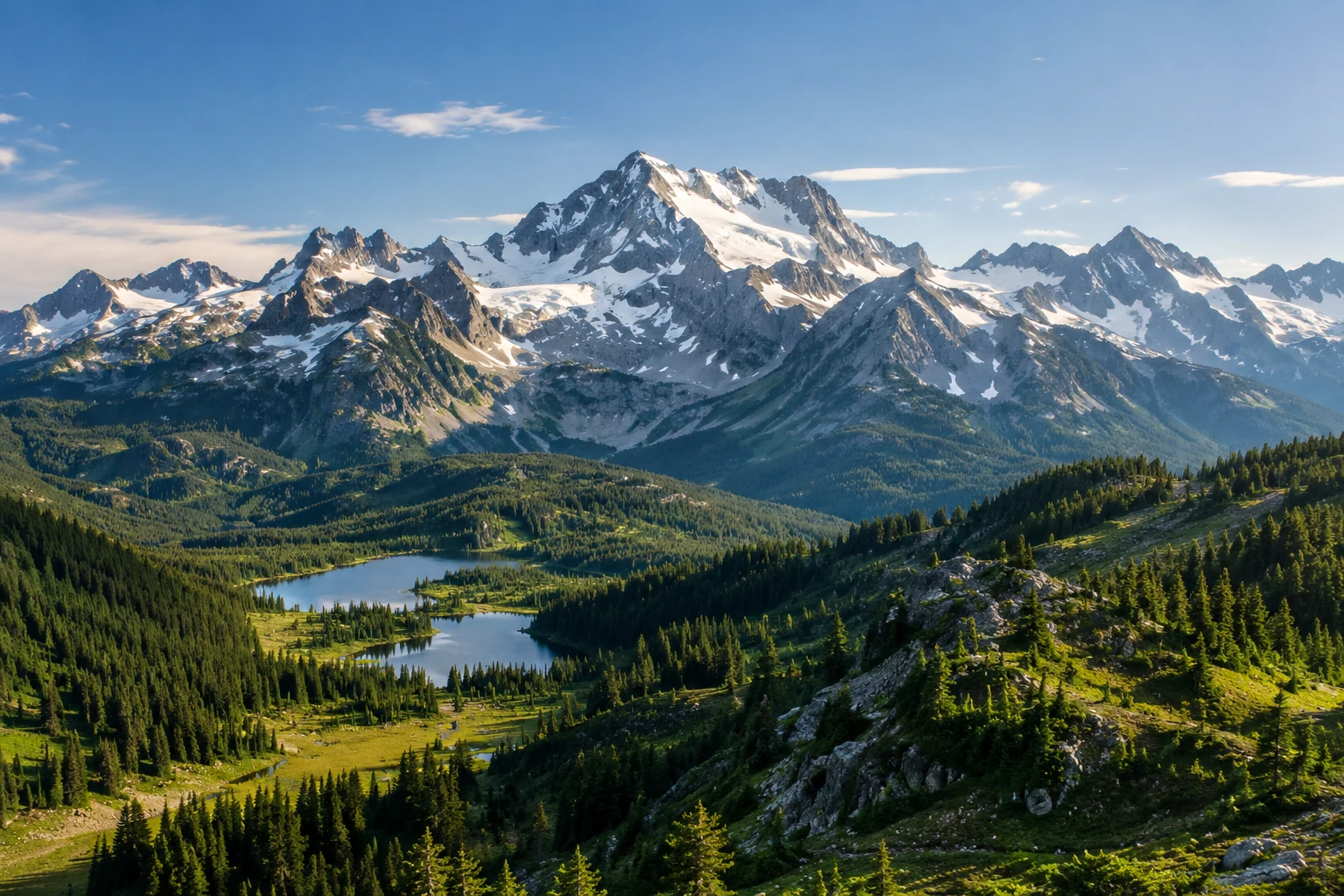 Rugged mountain peaks above a green alpine valley