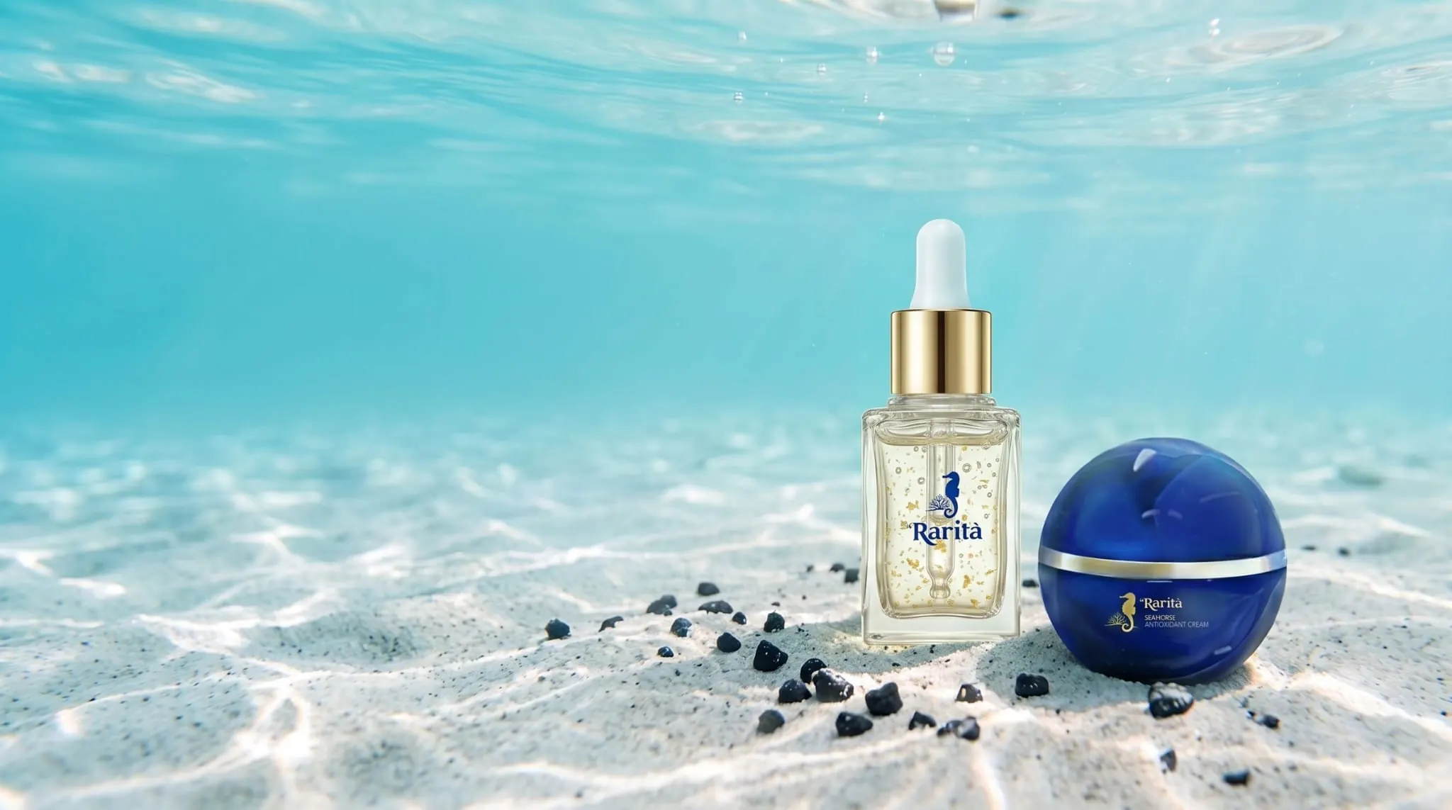 La Rarità Seahorse Double Effect Peptide Serum and Antioxidant Cream on a sunlit ocean floor