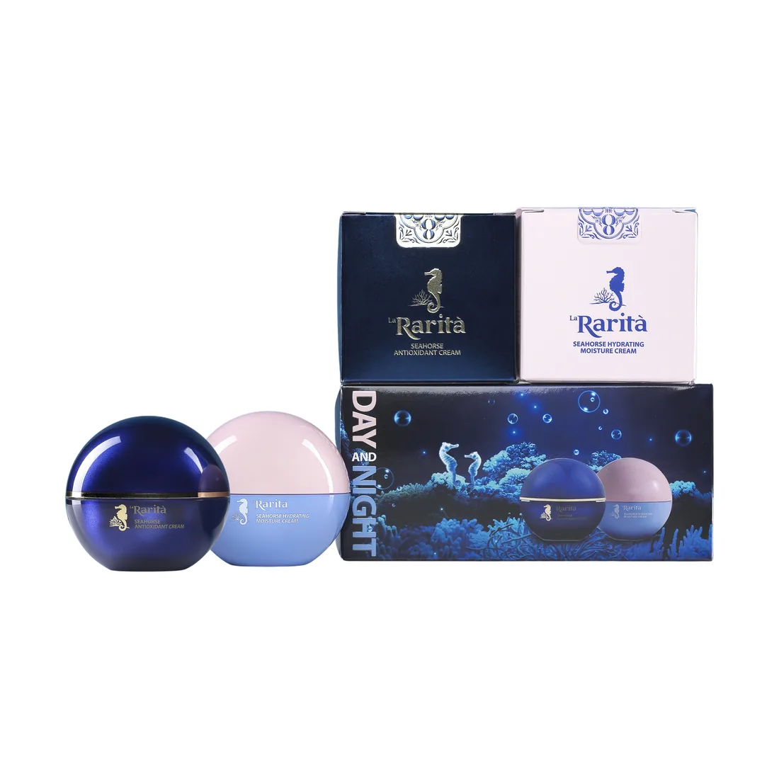 La Rarità Seahorse Antioxidant Cream and Hydrating Moisture Cream with their boxes