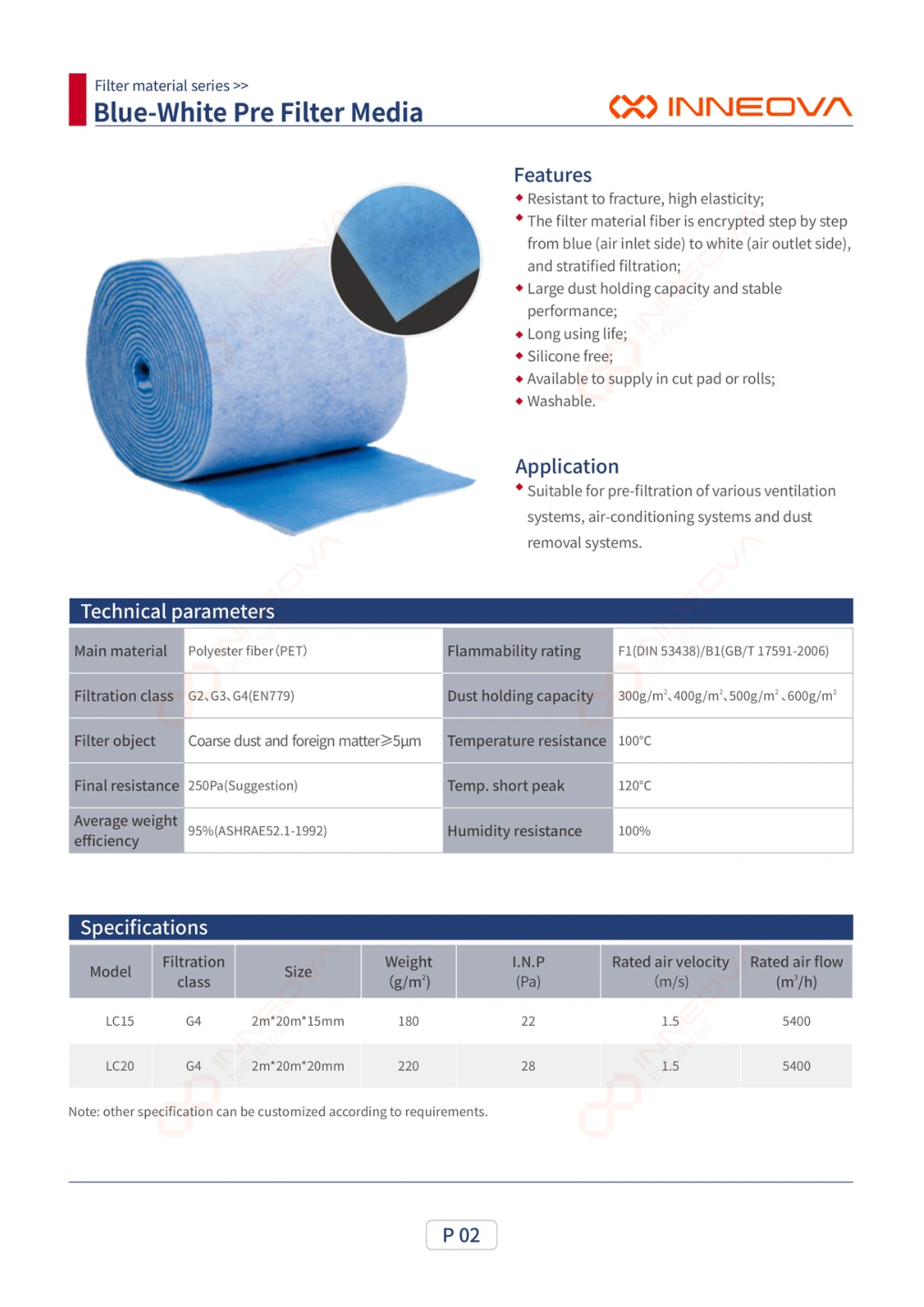 Blue-White Pre Filter Media complete technical data sheet