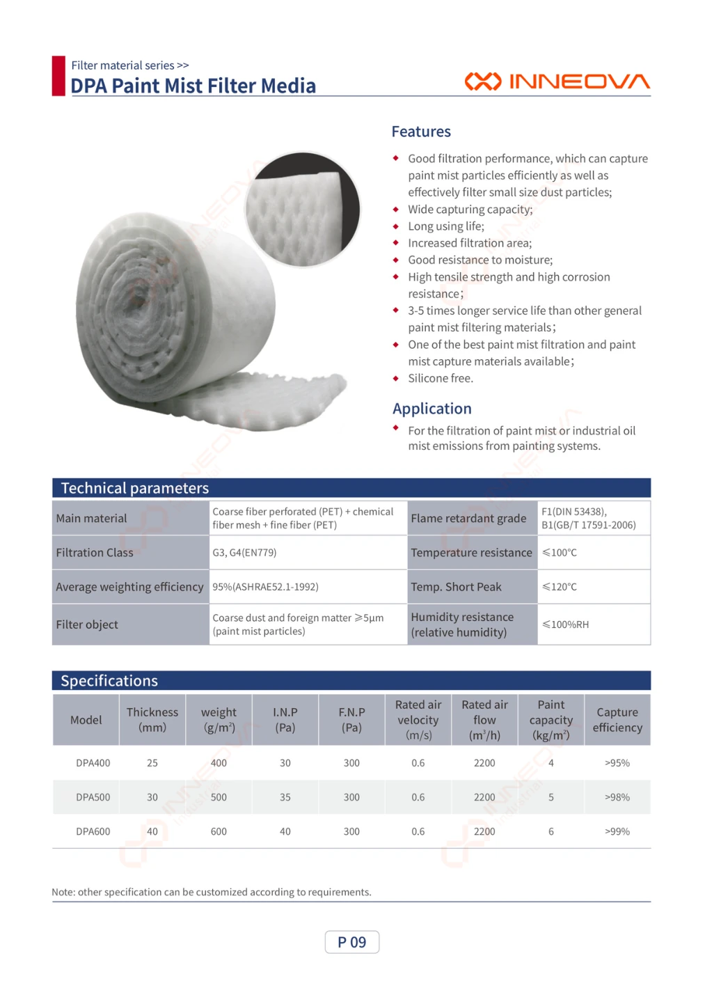DPA Paint Mist Filter Media complete technical data sheet