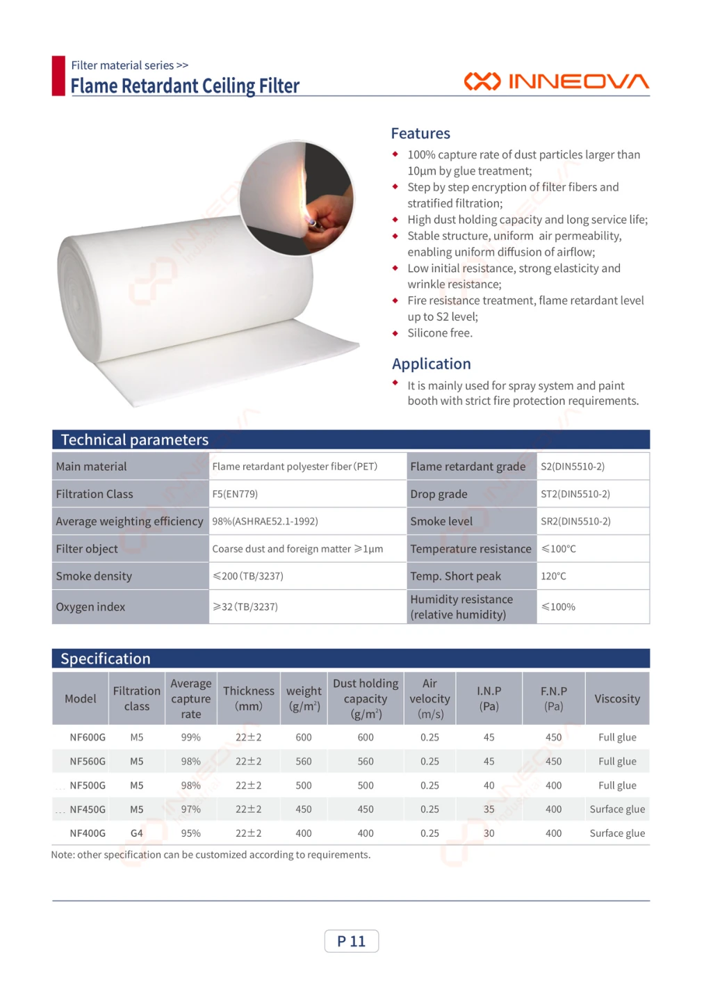 Flame-Retardant Ceiling Filter complete technical data sheet