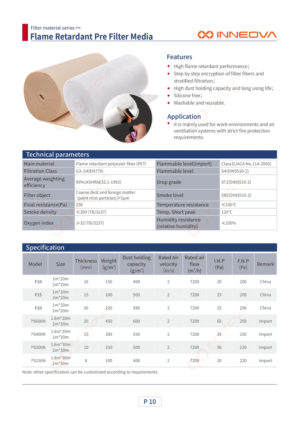 Flame-Retardant Pre Filter Media complete technical data sheet