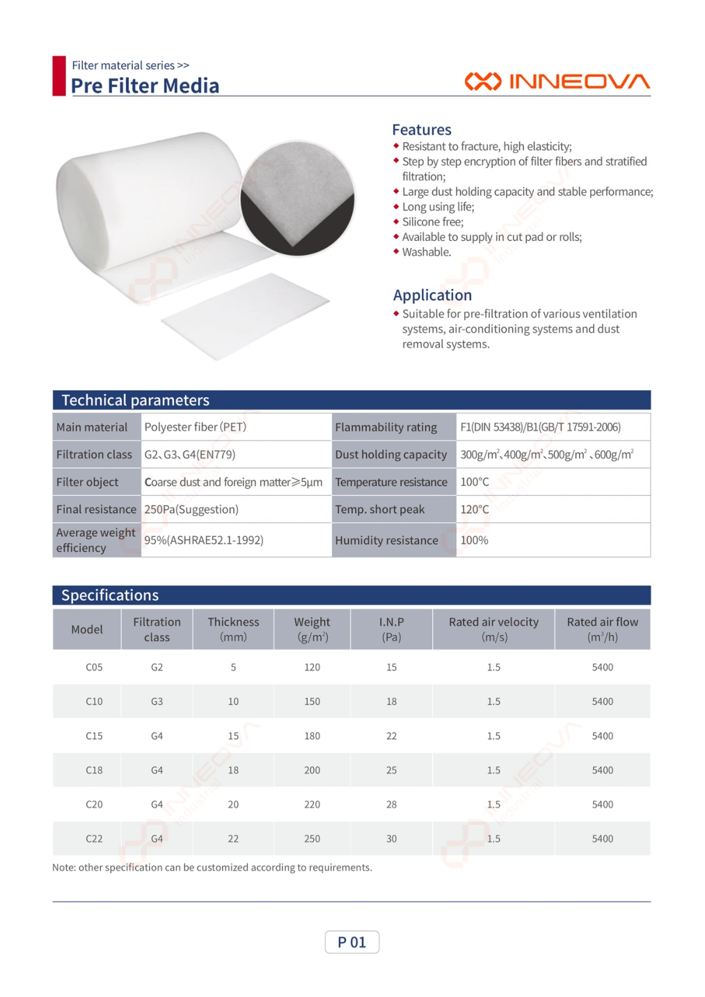 Pre Filter Media complete technical data sheet