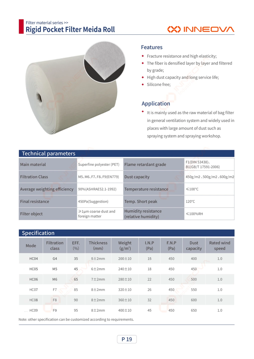 Rigid Pocket Filter Media Roll complete technical data sheet