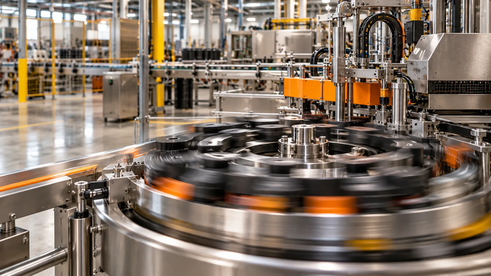 Industrial machinery in motion on a production line