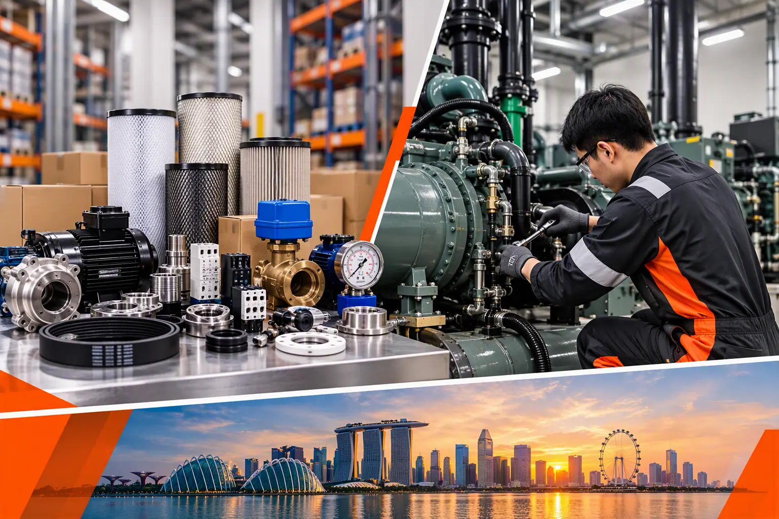 Parts and a technician servicing industrial equipment